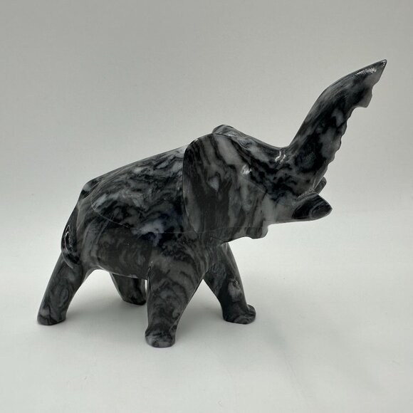 7" Black & White Marble Onyx Elephant Figurine with Lucky Trunk Up - Picture 1 of 12